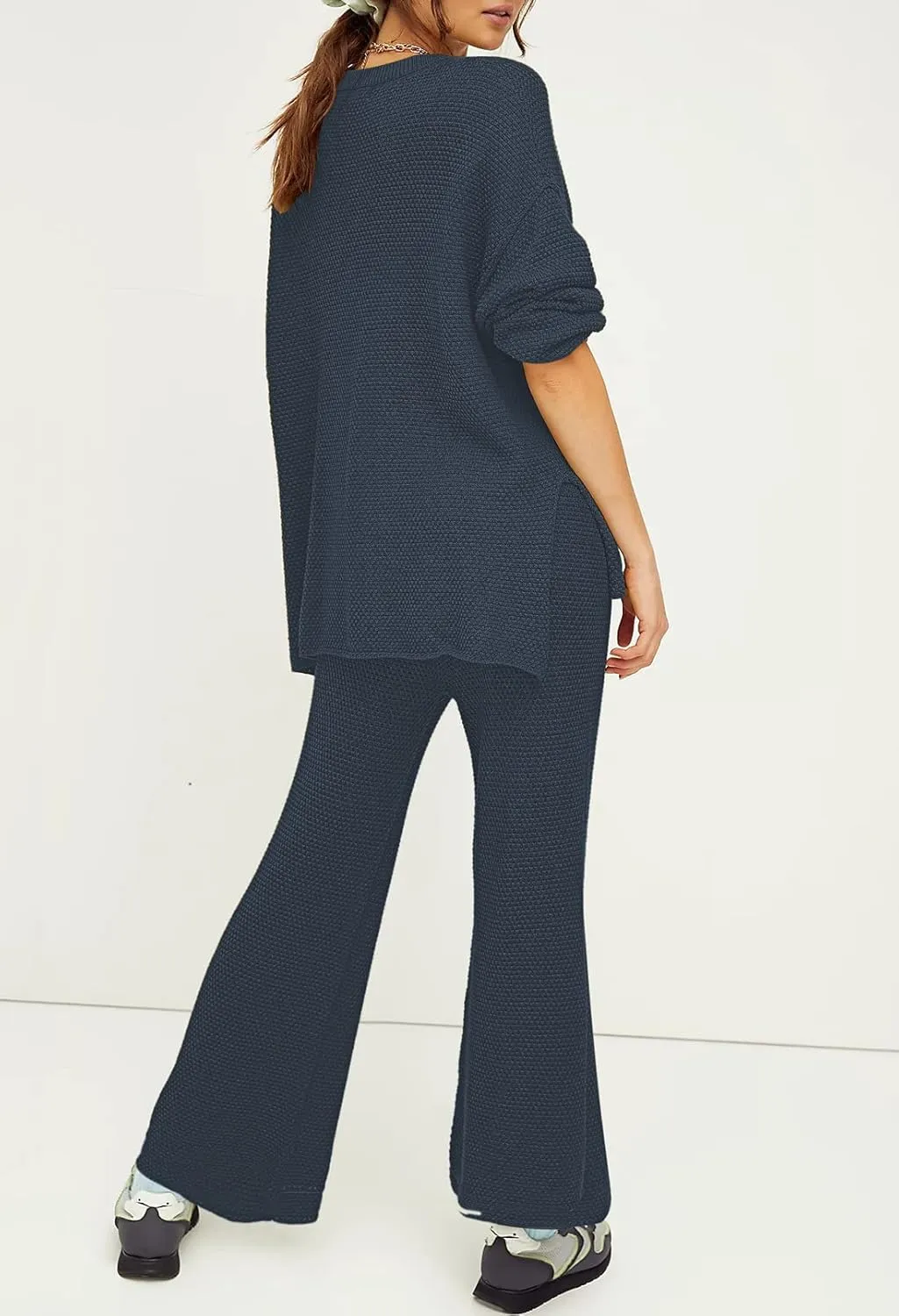 Viottiset Women's 2 Piece Outfits Sweatsuit Knit Long Sleeve Sweater Wide Leg Pants Loungewear
