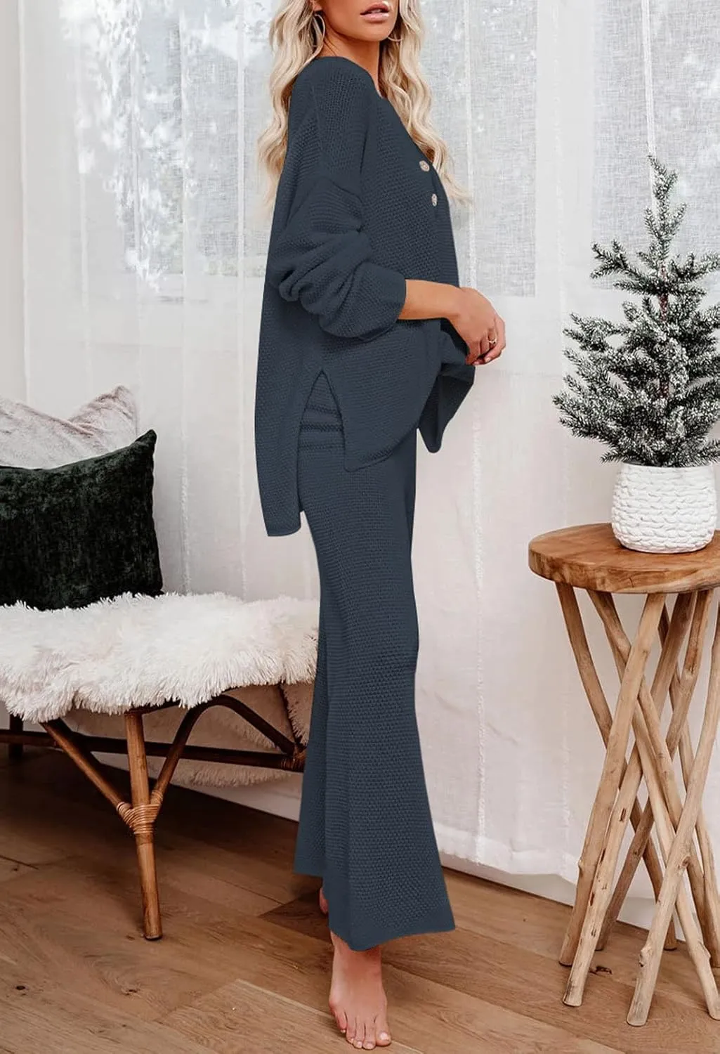 Viottiset Women's 2 Piece Outfits Sweatsuit Knit Long Sleeve Sweater Wide Leg Pants Loungewear