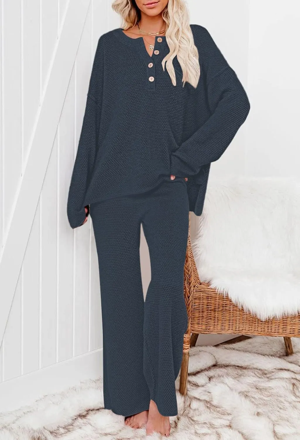 Viottiset Women's 2 Piece Outfits Sweatsuit Knit Long Sleeve Sweater Wide Leg Pants Loungewear