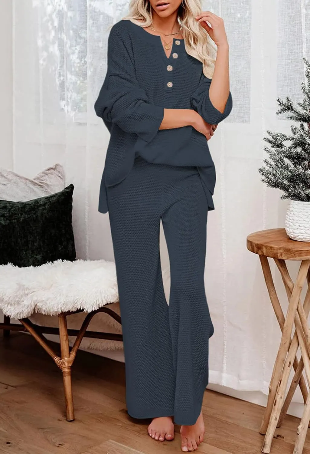 Viottiset Women's 2 Piece Outfits Sweatsuit Knit Long Sleeve Sweater Wide Leg Pants Loungewear