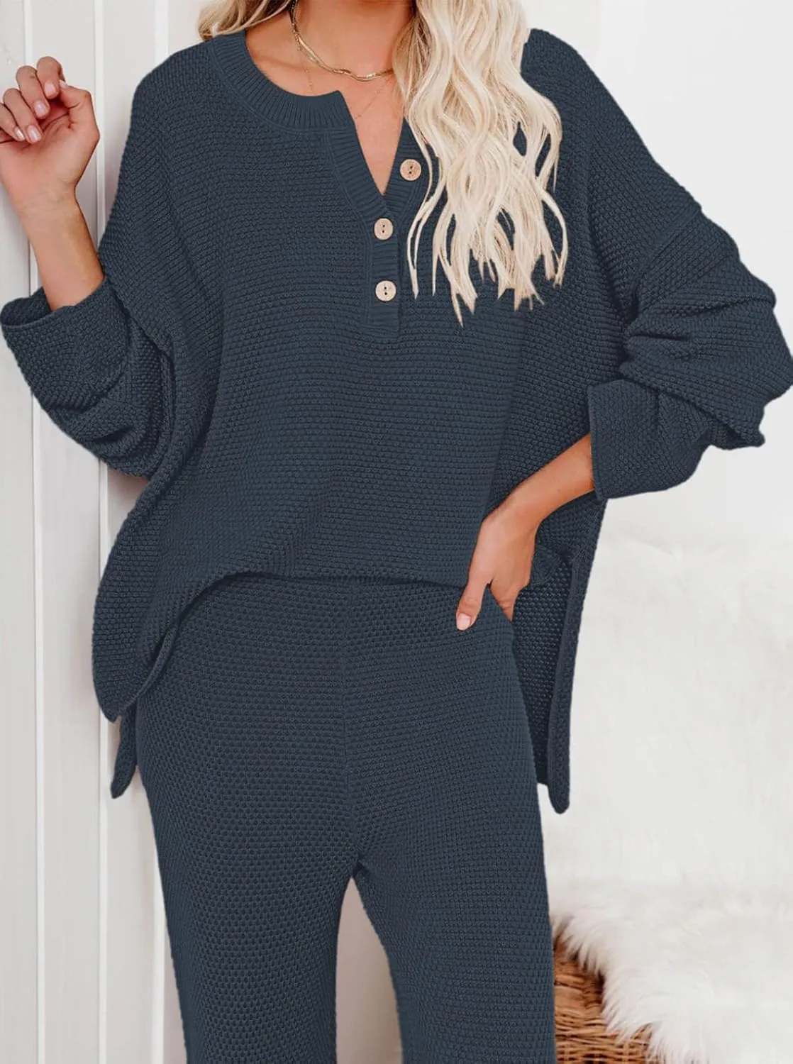 Viottiset Women's 2 Piece Outfits Sweatsuit Knit Long Sleeve Sweater Wide Leg Pants Loungewear