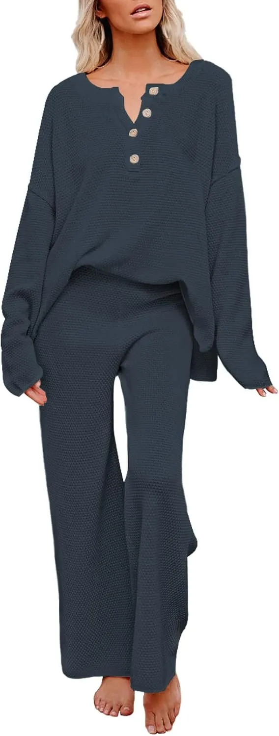 Viottiset Women's 2 Piece Outfits Sweatsuit Knit Long Sleeve Sweater Wide Leg Pants Loungewear