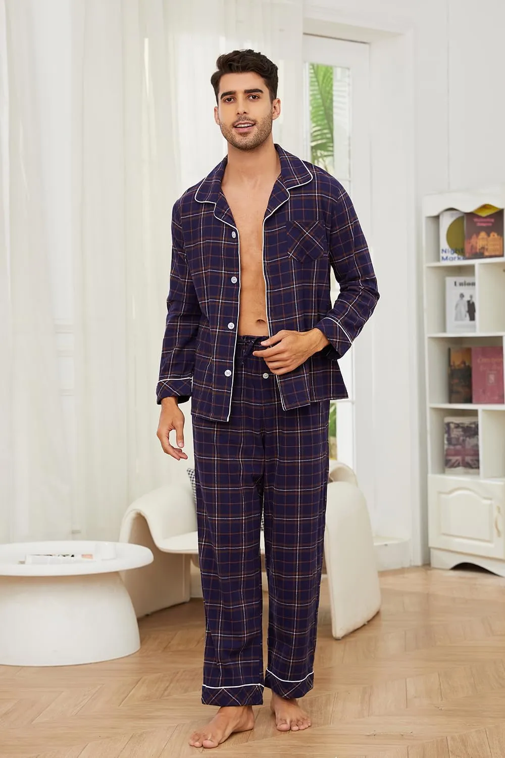 Vulcanodon Men 100% Cotton Pajama Set, Long Sleeve Flannel Pajama Sets Soft Woven Plaid 2 Piece Button Down Lounge Set