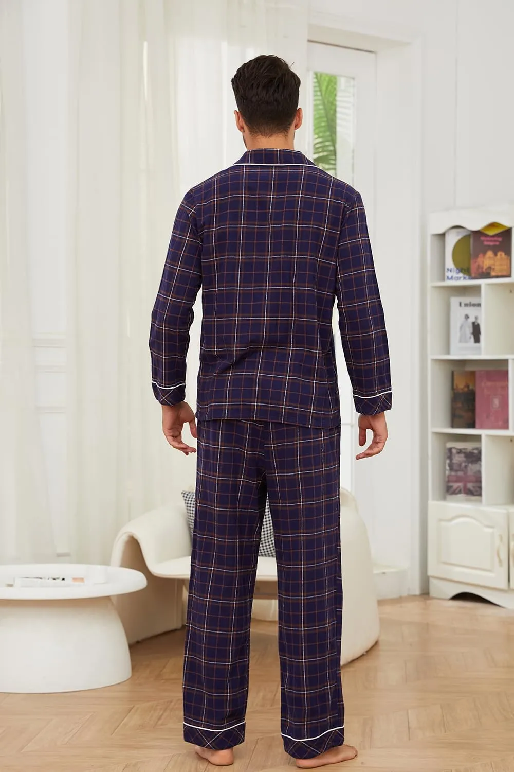 Vulcanodon Men 100% Cotton Pajama Set, Long Sleeve Flannel Pajama Sets Soft Woven Plaid 2 Piece Button Down Lounge Set