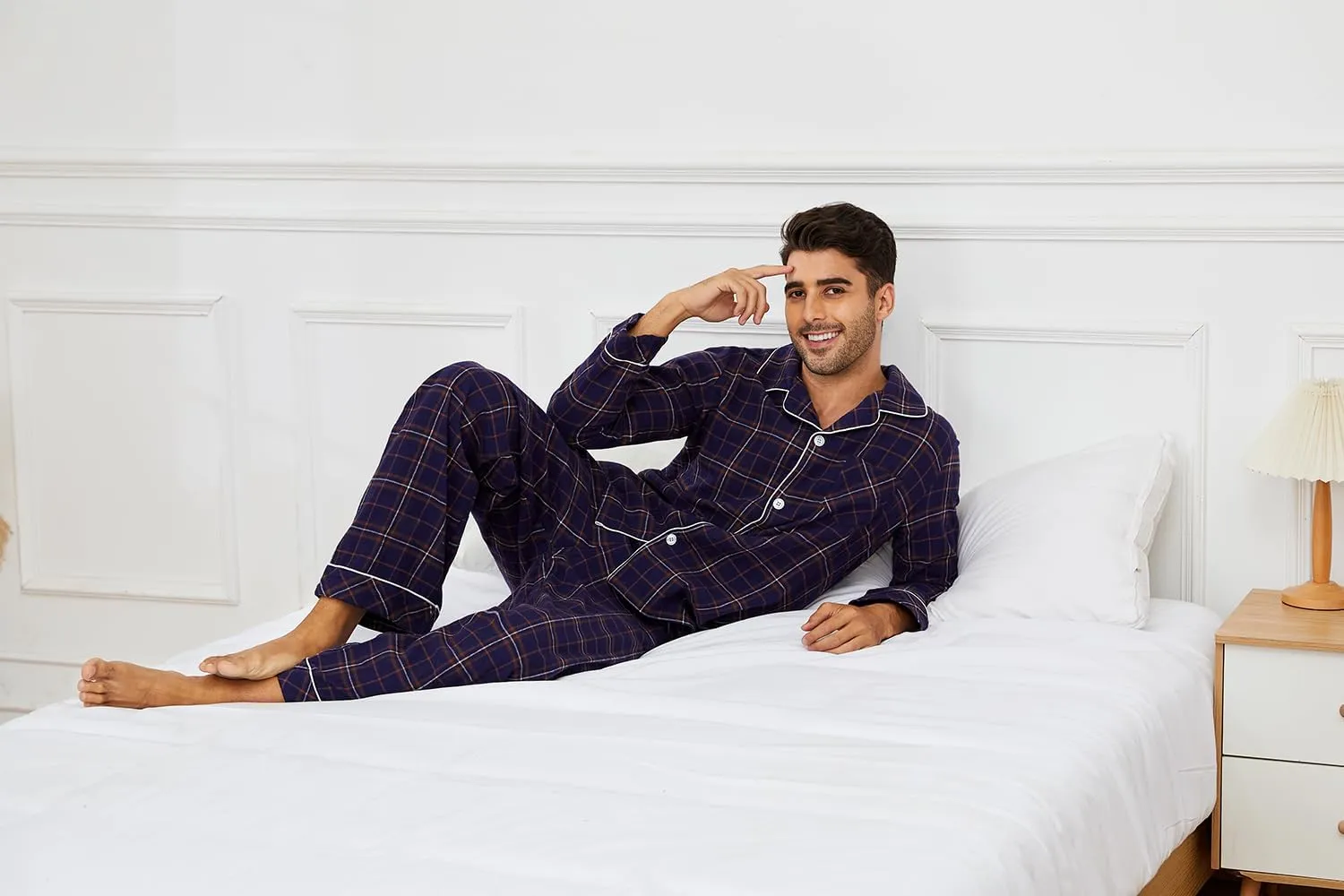 Vulcanodon Men 100% Cotton Pajama Set, Long Sleeve Flannel Pajama Sets Soft Woven Plaid 2 Piece Button Down Lounge Set