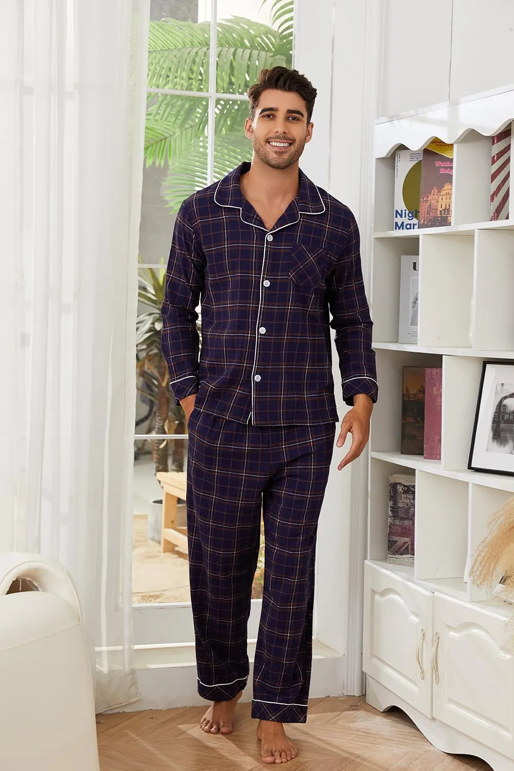 Vulcanodon Men 100% Cotton Pajama Set, Long Sleeve Flannel Pajama Sets Soft Woven Plaid 2 Piece Button Down Lounge Set