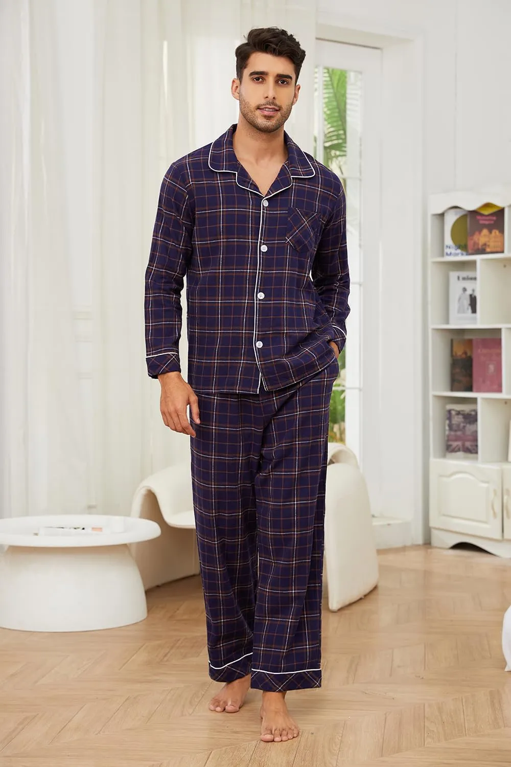 Vulcanodon Men 100% Cotton Pajama Set, Long Sleeve Flannel Pajama Sets Soft Woven Plaid 2 Piece Button Down Lounge Set
