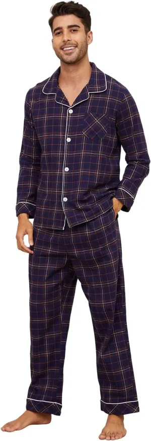 Vulcanodon Men 100% Cotton Pajama Set, Long Sleeve Flannel Pajama Sets Soft Woven Plaid 2 Piece Button Down Lounge Set