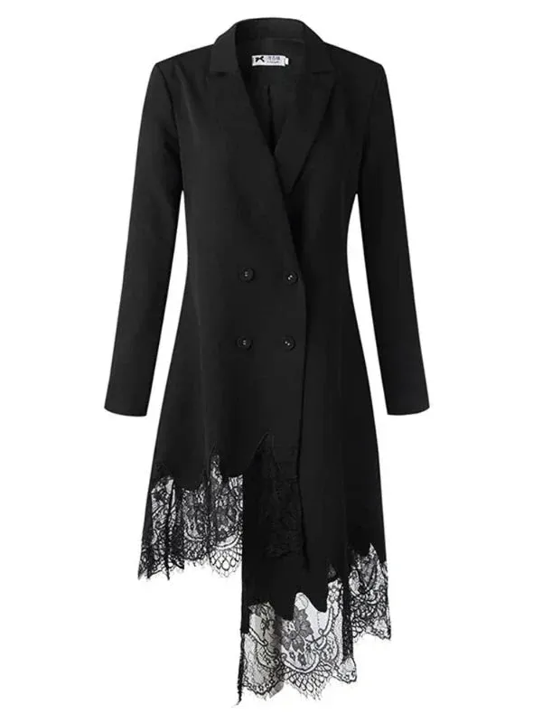 Wenkouban-Winter outfits Christmas Irregular Lace Hem Double Breasted Slim Waist Blazer