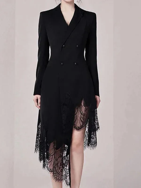 Wenkouban-Winter outfits Christmas Irregular Lace Hem Double Breasted Slim Waist Blazer