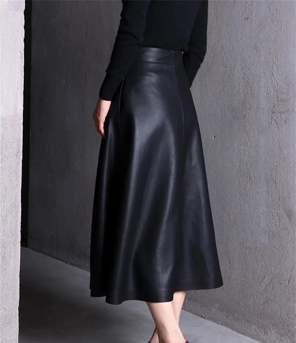 Women Autumn Midi Leather Skirt Long Skirts for Women Spring Summer Ladies Solid Skirt