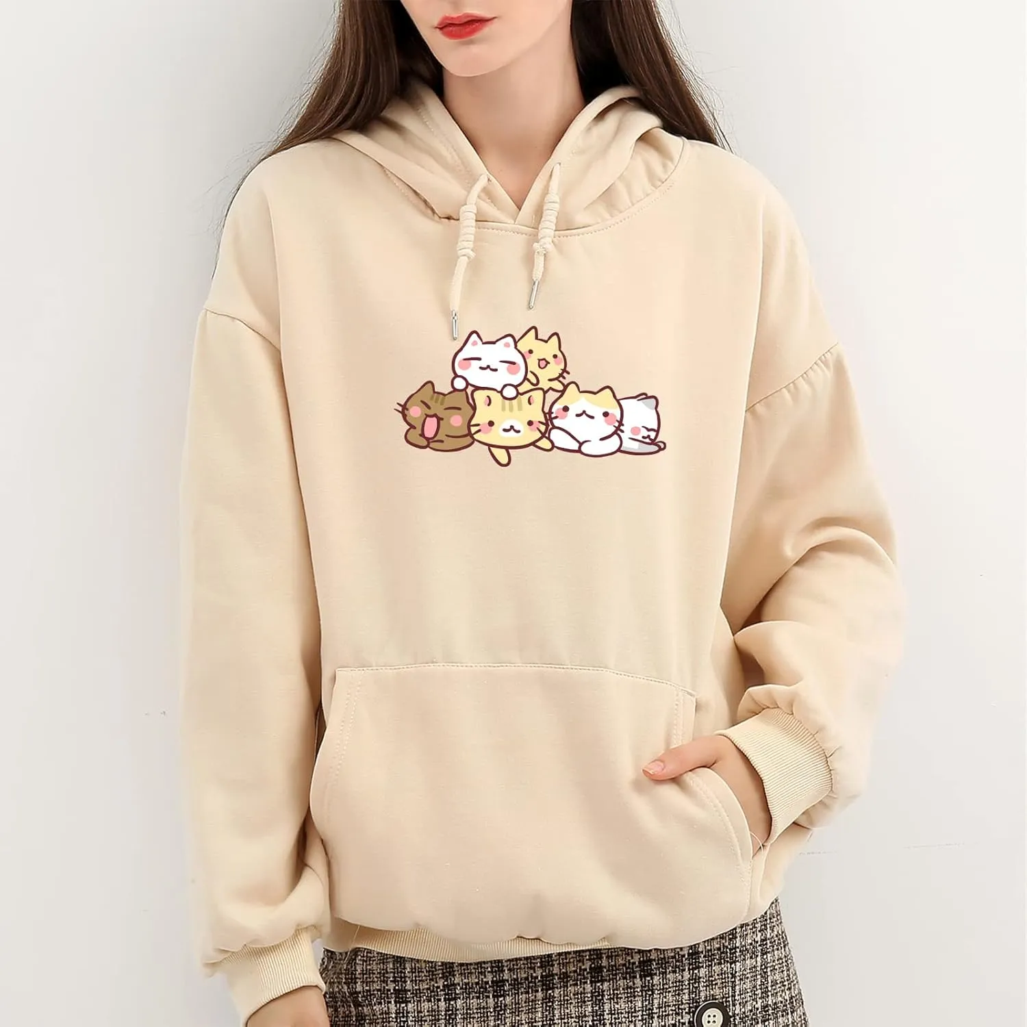 Women Cute cat Sweatshirt Oversized kawaii animal Print Hoodies Long Sleeve pullover Cotton Aesthetics Sweater Girl