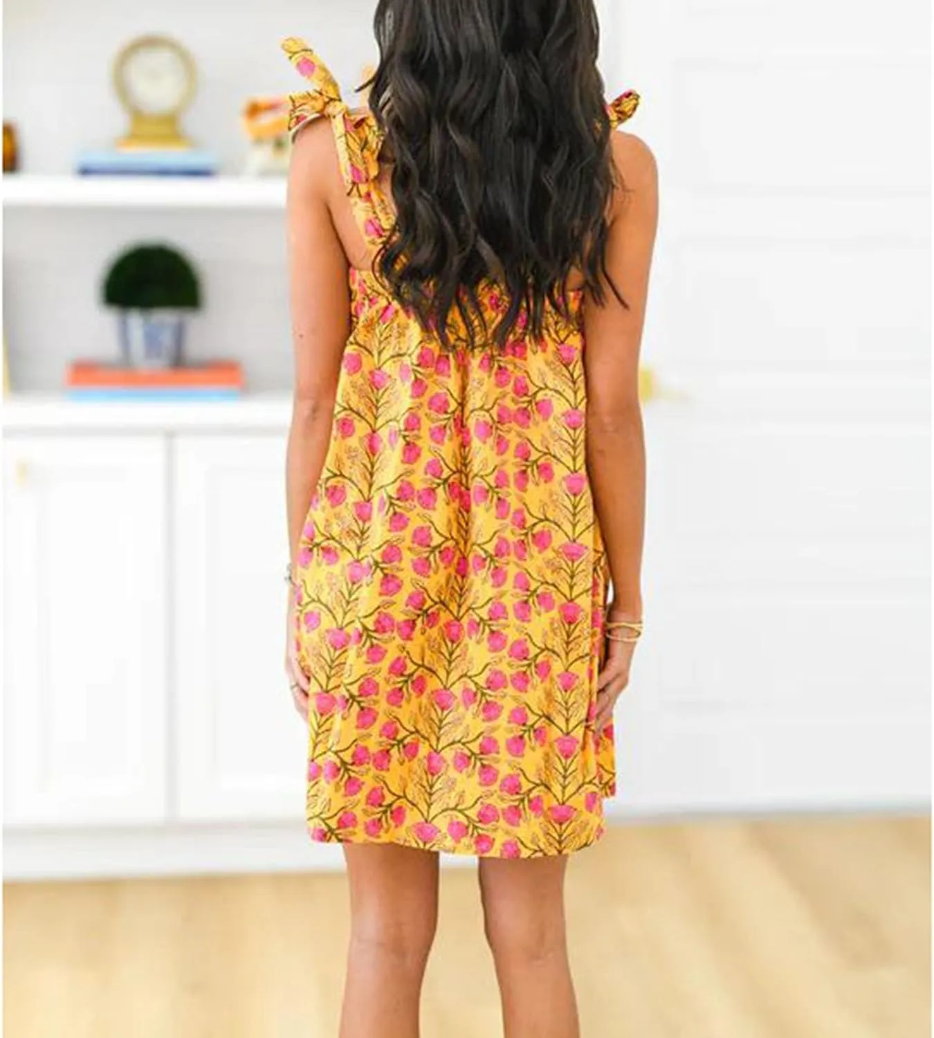 Women Floral Print Sleeveless Mini Dress Cute Bow Pleated Ruffle Hem Short Dress Summer Loose Fit Babydoll Dresses
