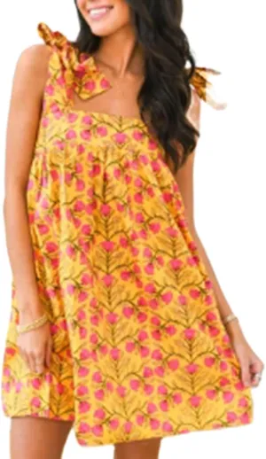 Women Floral Print Sleeveless Mini Dress Cute Bow Pleated Ruffle Hem Short Dress Summer Loose Fit Babydoll Dresses