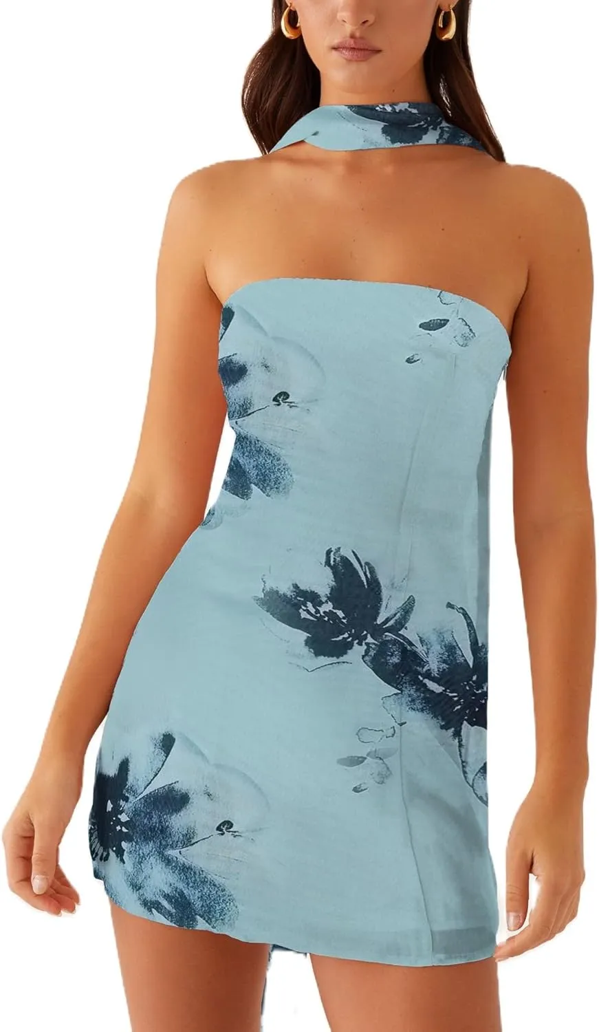 Women Floral Strapless Mini Dress Y2K Bodycon Flower Tube Dress Sexy Party Beach Dresses with Scarf