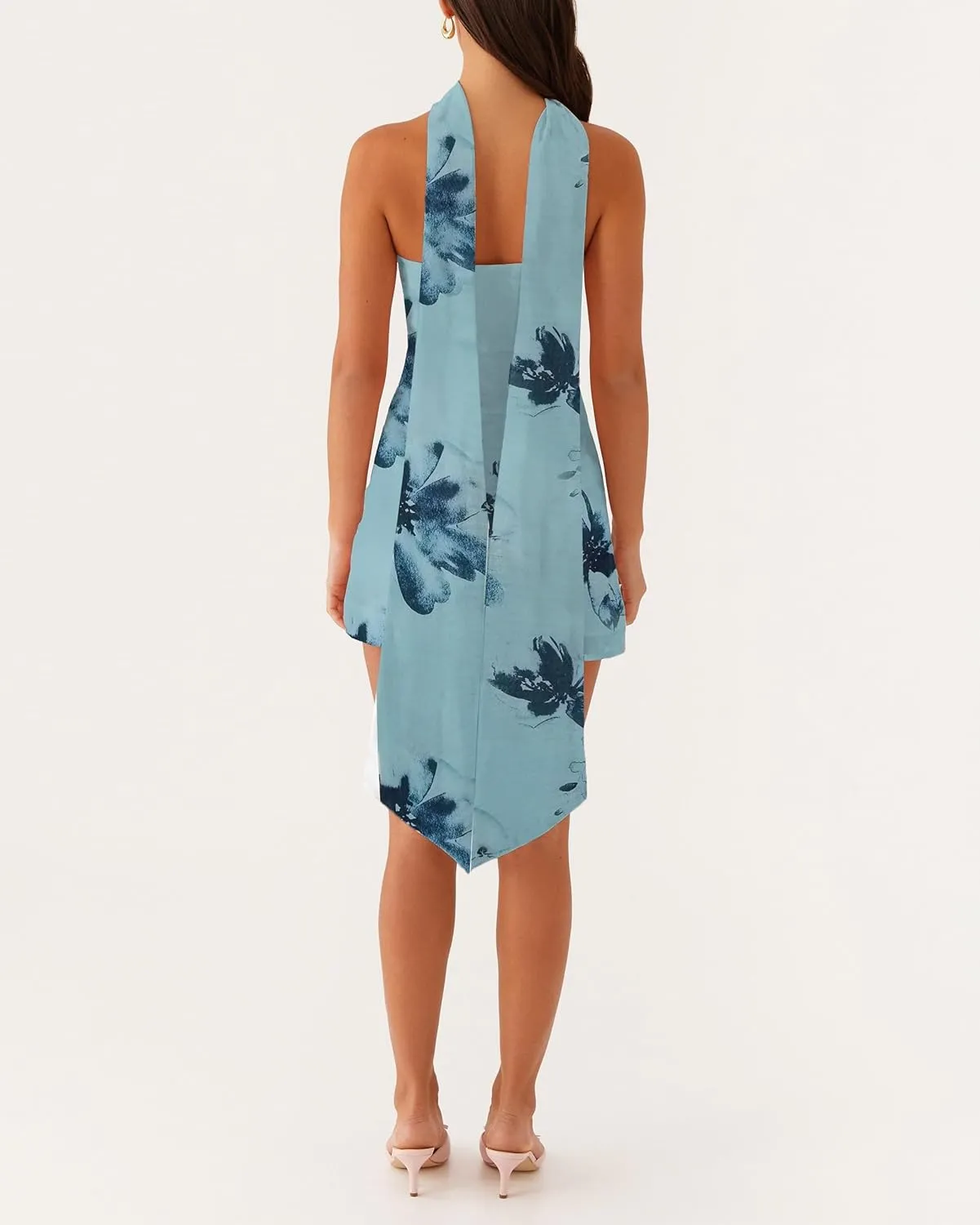 Women Floral Strapless Mini Dress Y2K Bodycon Flower Tube Dress Sexy Party Beach Dresses with Scarf