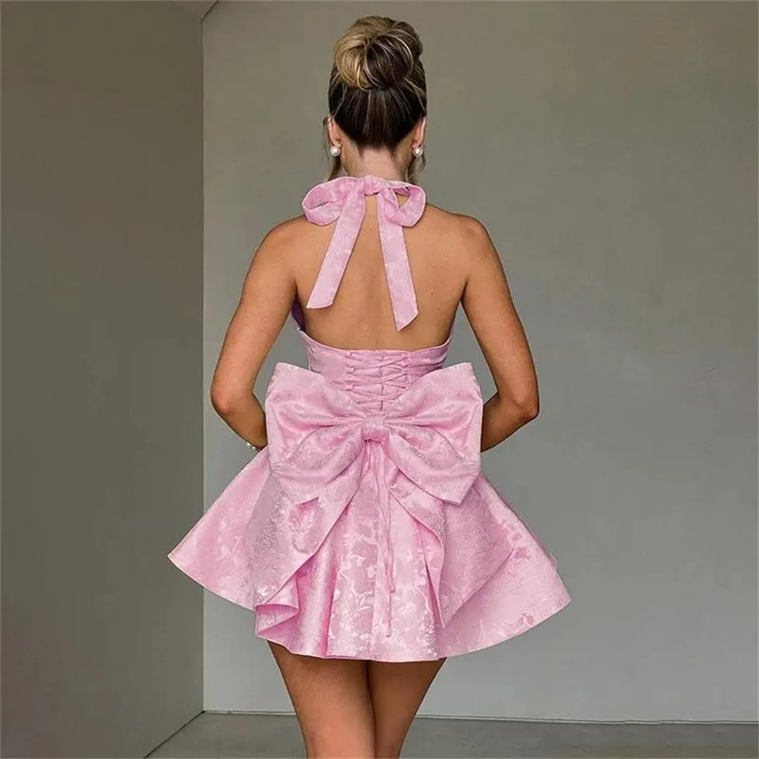 Women Halter Backless Bow Short Dress Sexy High Waist A-Line Mini Dresses