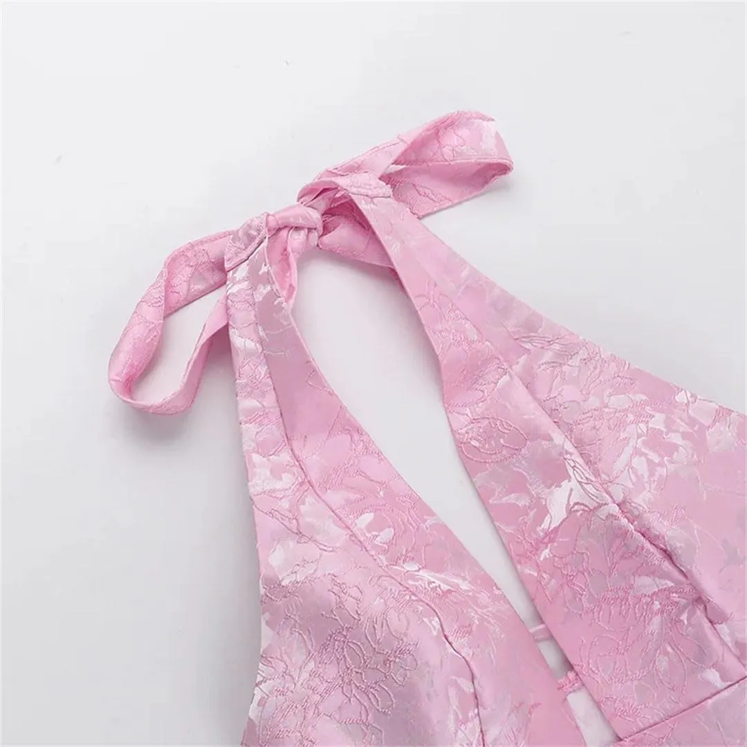 Women Halter Backless Bow Short Dress Sexy High Waist A-Line Mini Dresses