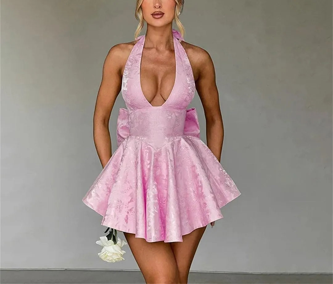 Women Halter Backless Bow Short Dress Sexy High Waist A-Line Mini Dresses