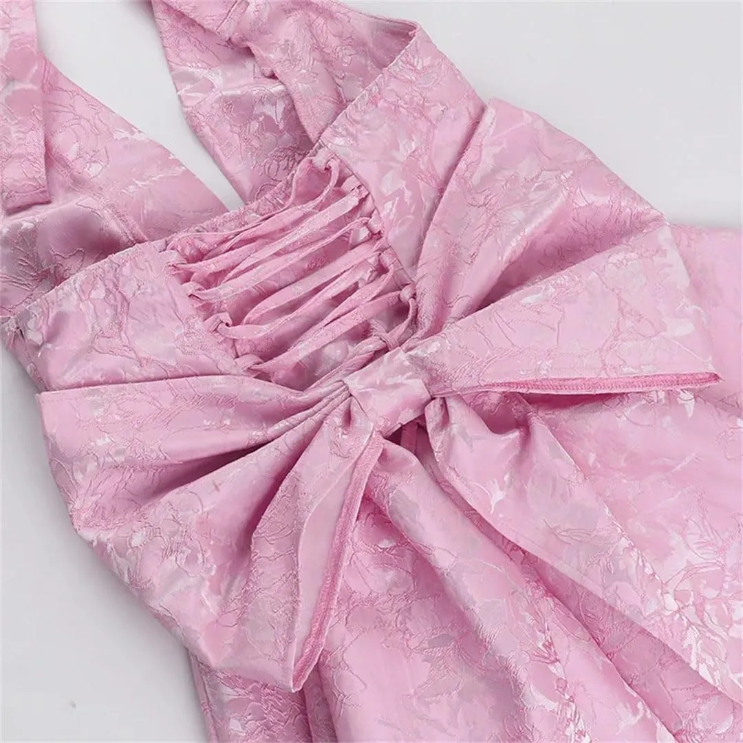 Women Halter Backless Bow Short Dress Sexy High Waist A-Line Mini Dresses