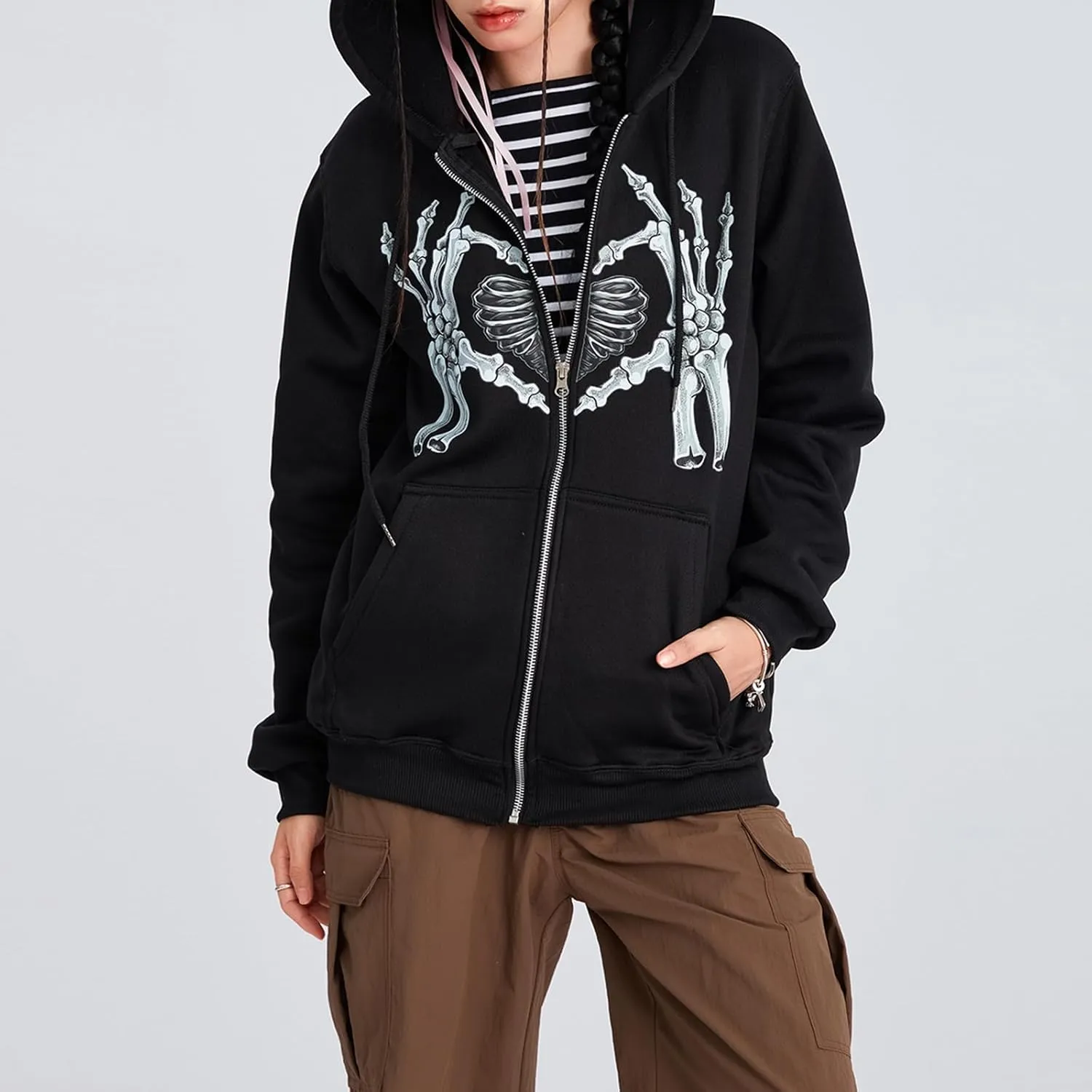 Women Men Rhinestone Graphic Zip up Hoodies Long Sleeve Oversized Gothic 90s Aesthetic Sweatshirt Jacket Streetwear