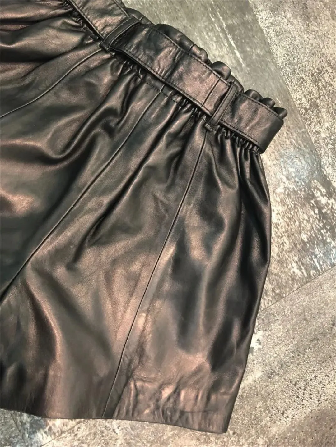Women Real Sheepskin Sashes Elastic High Waist Wide Leg Shorts A-Line Loose Fit Genuine Leather Hot Pants
