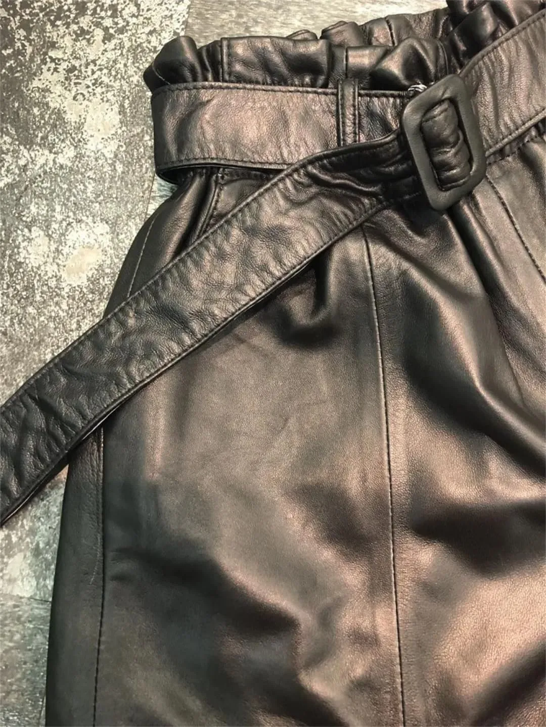 Women Real Sheepskin Sashes Elastic High Waist Wide Leg Shorts A-Line Loose Fit Genuine Leather Hot Pants