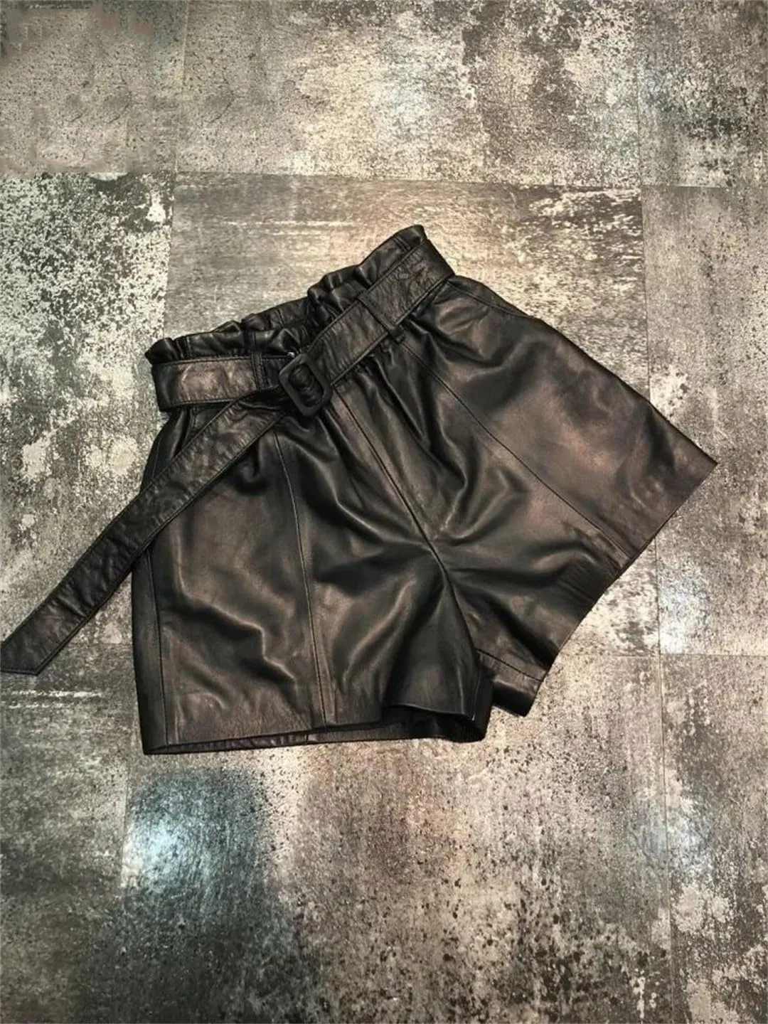 Women Real Sheepskin Sashes Elastic High Waist Wide Leg Shorts A-Line Loose Fit Genuine Leather Hot Pants