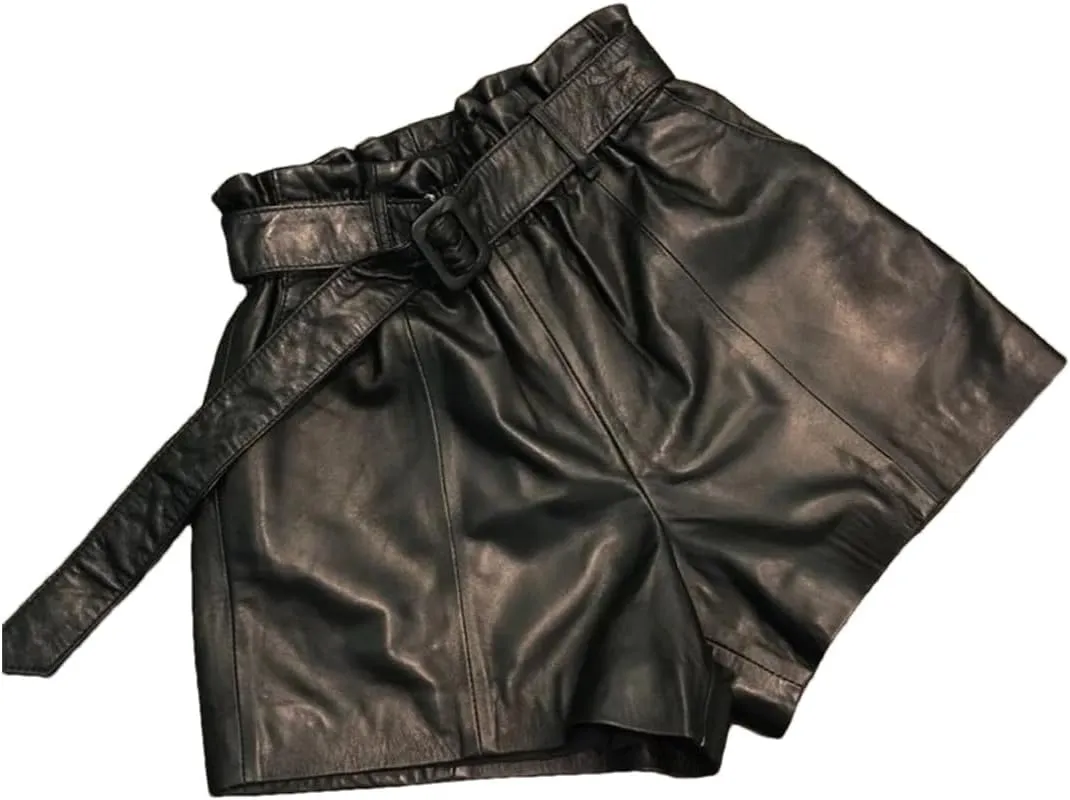 Women Real Sheepskin Sashes Elastic High Waist Wide Leg Shorts A-Line Loose Fit Genuine Leather Hot Pants