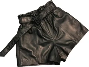 Women Real Sheepskin Sashes Elastic High Waist Wide Leg Shorts A-Line Loose Fit Genuine Leather Hot Pants