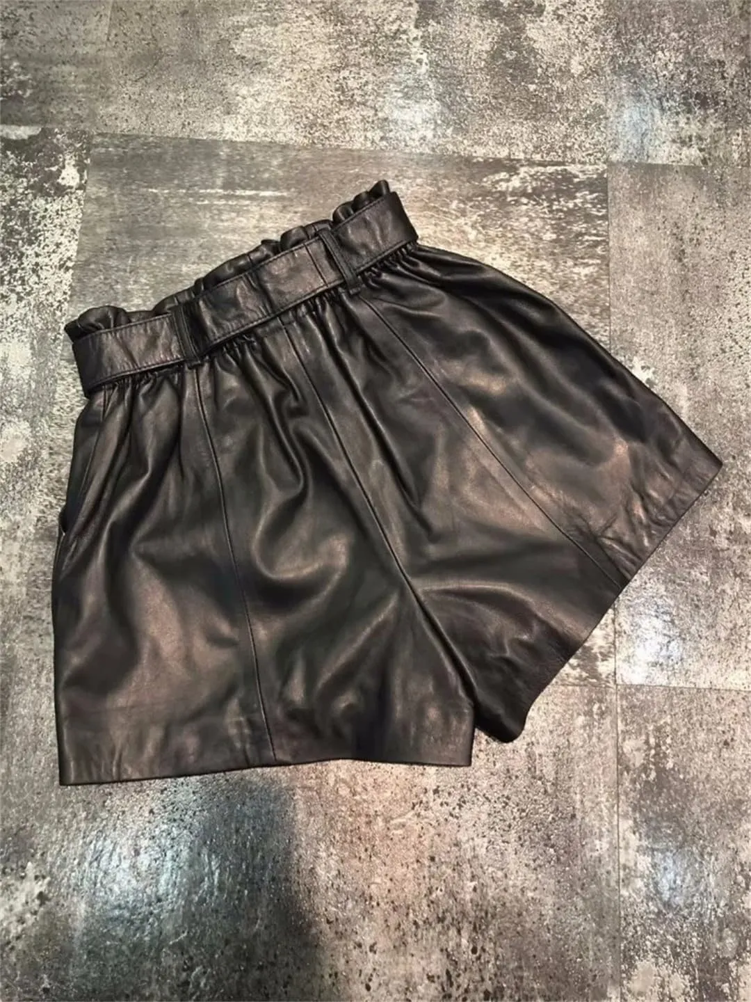 Women Real Sheepskin Sashes Elastic High Waist Wide Leg Shorts A-Line Loose Fit Genuine Leather Hot Pants