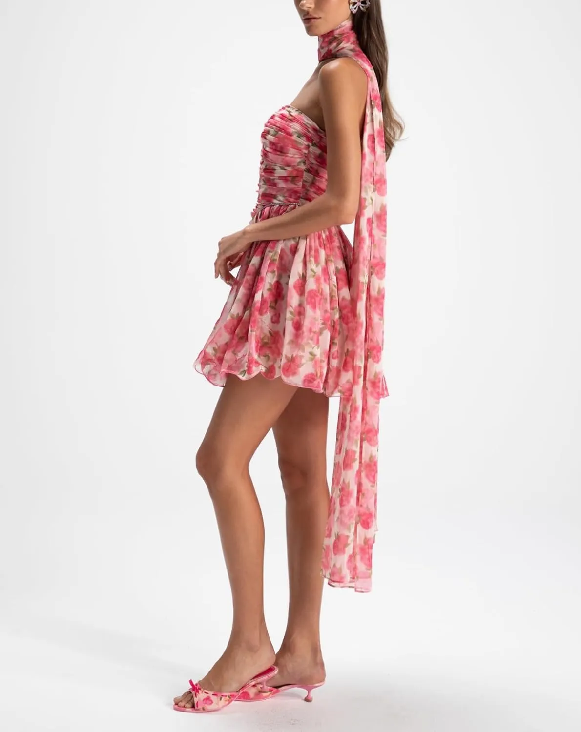 Women Ruffle Floral Strapless Mini Dress Y2K Mesh A Line Short Dress Cute Floral Scarf Tube Dresses Vacation Beach