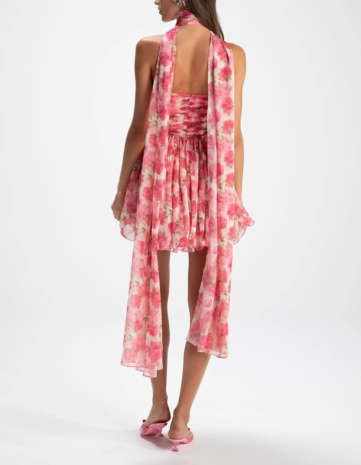 Women Ruffle Floral Strapless Mini Dress Y2K Mesh A Line Short Dress Cute Floral Scarf Tube Dresses Vacation Beach