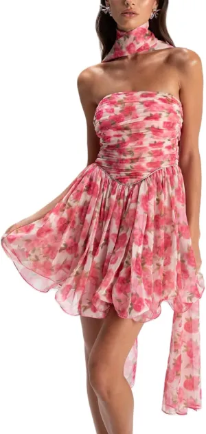 Women Ruffle Floral Strapless Mini Dress Y2K Mesh A Line Short Dress Cute Floral Scarf Tube Dresses Vacation Beach
