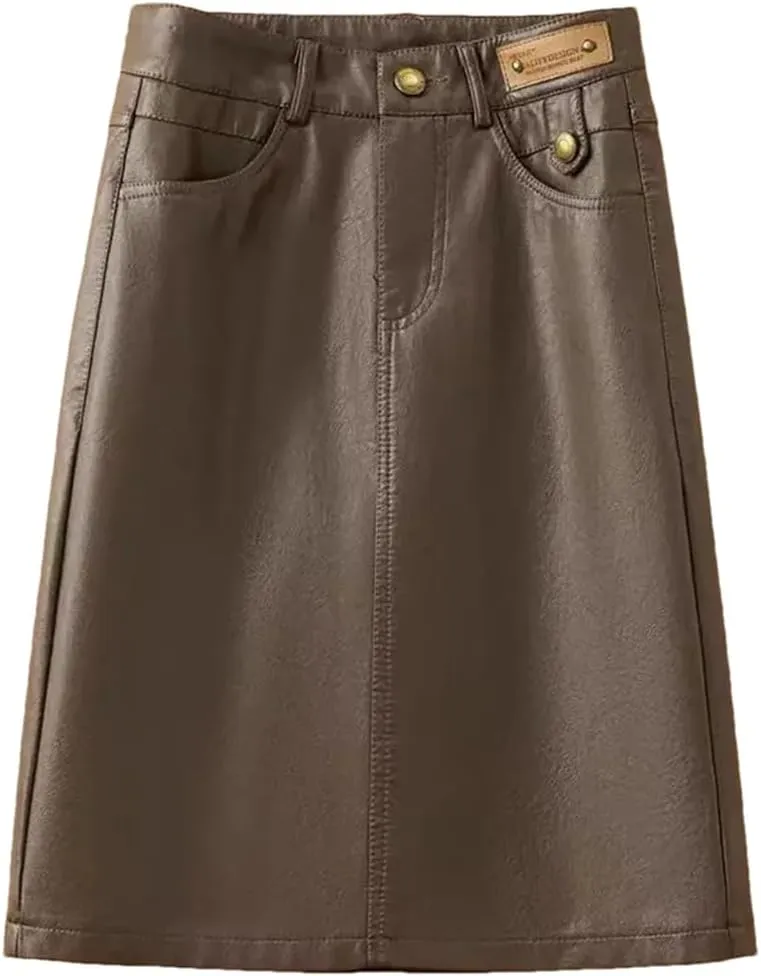 Women Spring Autumn Leather Skirt Black Brown High Waist PU A-Line Skirts Midi Skirts