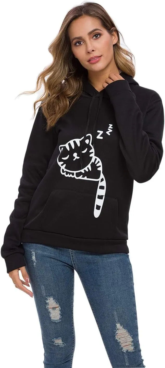Women Teen Girls Hoodie Sweatshirt With Cute Cat Ear and Sleeping Cat Printed Pullover