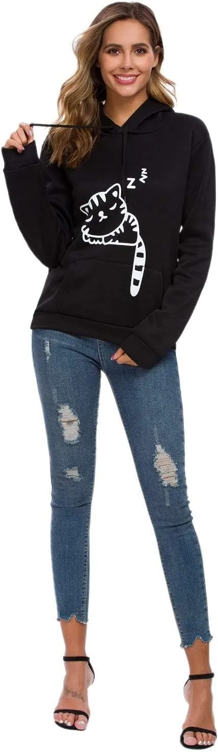 Women Teen Girls Hoodie Sweatshirt With Cute Cat Ear and Sleeping Cat Printed Pullover