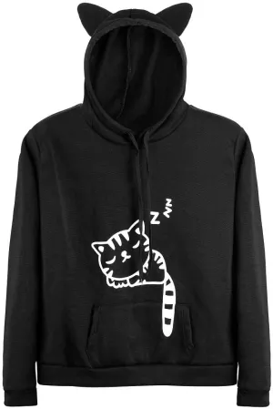 Women Teen Girls Hoodie Sweatshirt With Cute Cat Ear and Sleeping Cat Printed Pullover