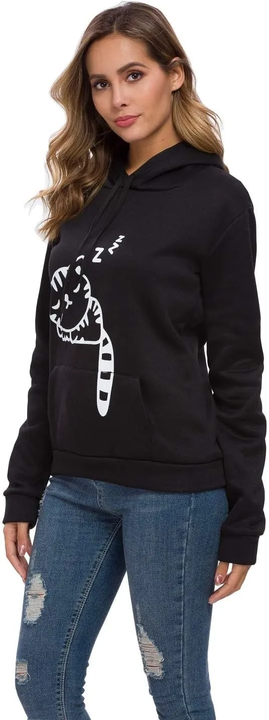 Women Teen Girls Hoodie Sweatshirt With Cute Cat Ear and Sleeping Cat Printed Pullover