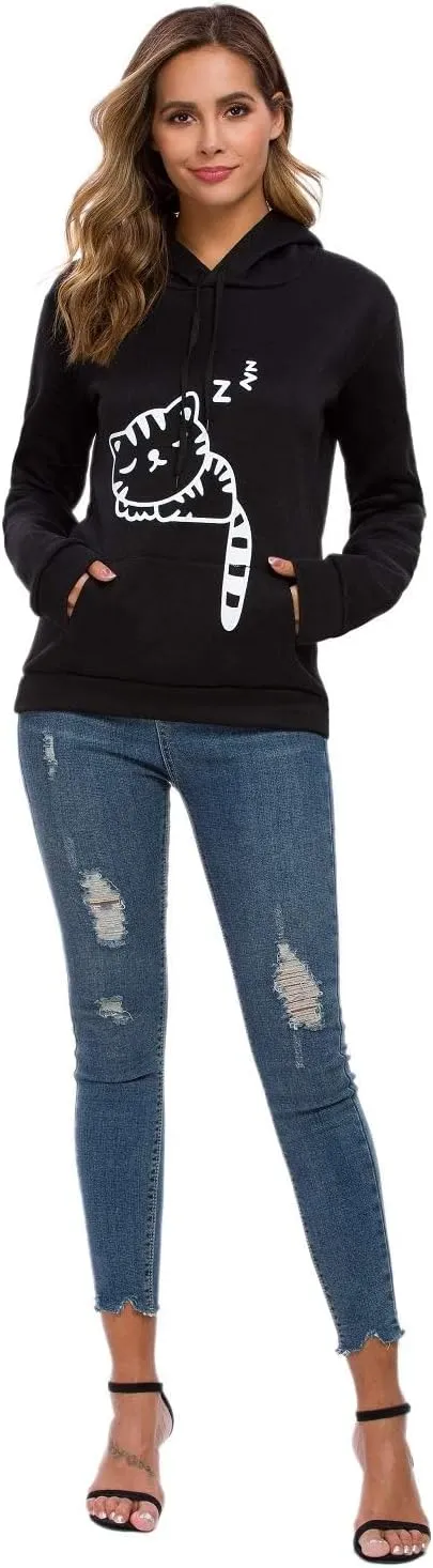 Women Teen Girls Hoodie Sweatshirt With Cute Cat Ear and Sleeping Cat Printed Pullover