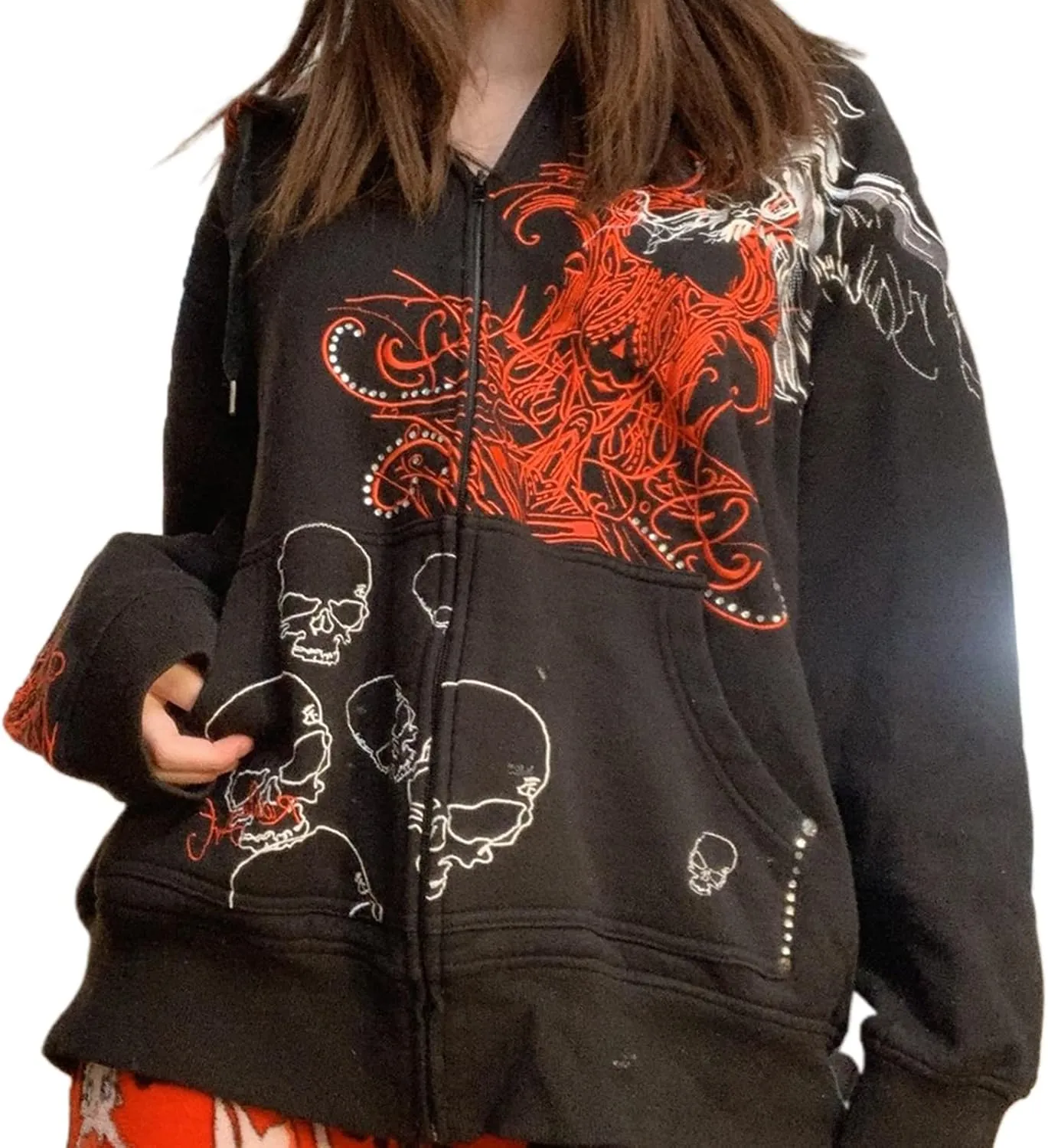 Women Y2K Skull Hoodie Graphic Zip Up Grunge Aesthetic Hoodies Casual Vintage Oversized Sweatshirt Harajuku Jacket