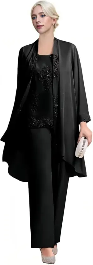 Women's 3 pcs Mother of The Bride Pant Suits Dressy Casual Long Sleeve Pantsuit for Wedding Guest