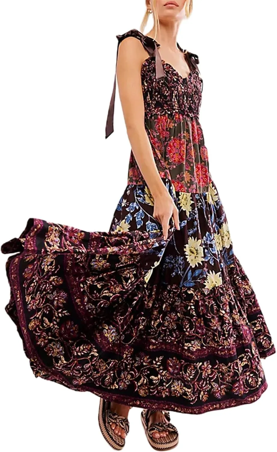 Women's Boho Tie Shoulder Dress Y2k Floral Long Flowy Maxi Dresses Cute Summer Smocked Picnic Beach Cami Sundress