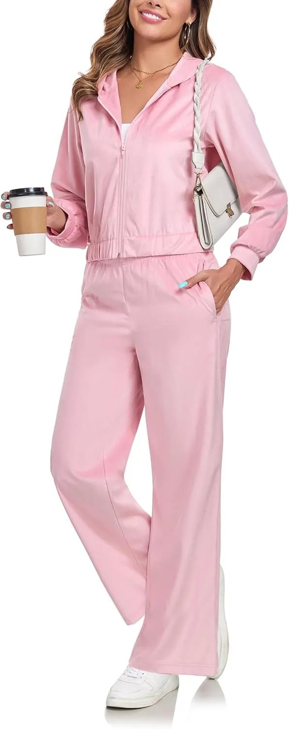 Womens Casual Velour Tracksuit Set Fall Sweatsuits 2 Piece Outfits Lounge Sets Full Zipper Hoodie Wide Leg Pants Set