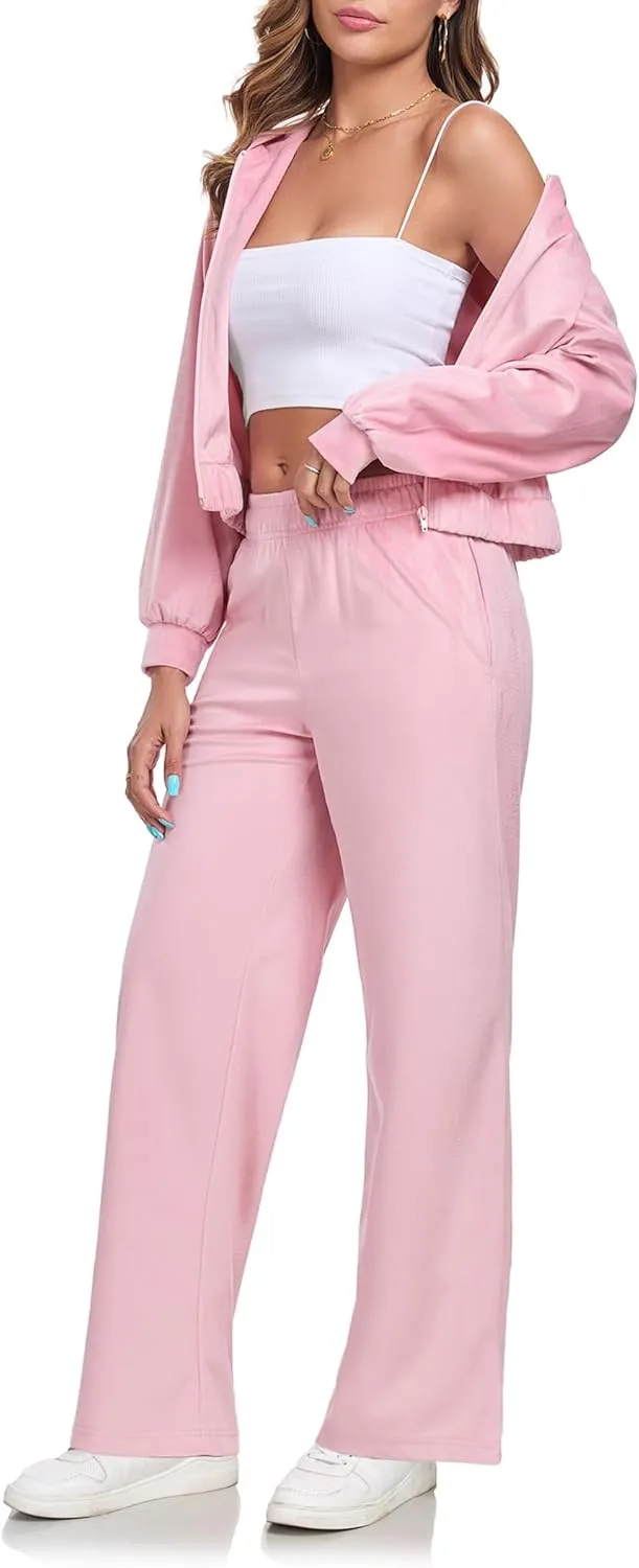 Womens Casual Velour Tracksuit Set Fall Sweatsuits 2 Piece Outfits Lounge Sets Full Zipper Hoodie Wide Leg Pants Set