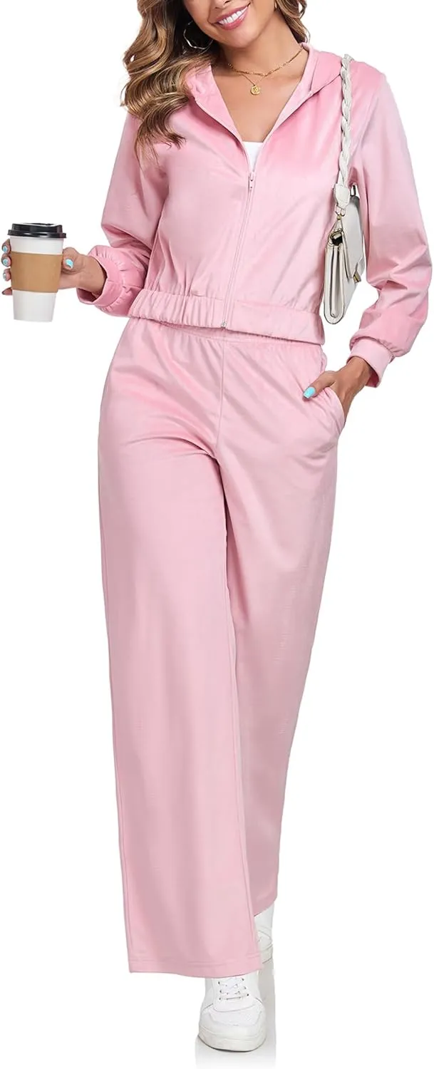 Womens Casual Velour Tracksuit Set Fall Sweatsuits 2 Piece Outfits Lounge Sets Full Zipper Hoodie Wide Leg Pants Set
