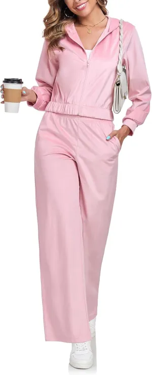 Womens Casual Velour Tracksuit Set Fall Sweatsuits 2 Piece Outfits Lounge Sets Full Zipper Hoodie Wide Leg Pants Set