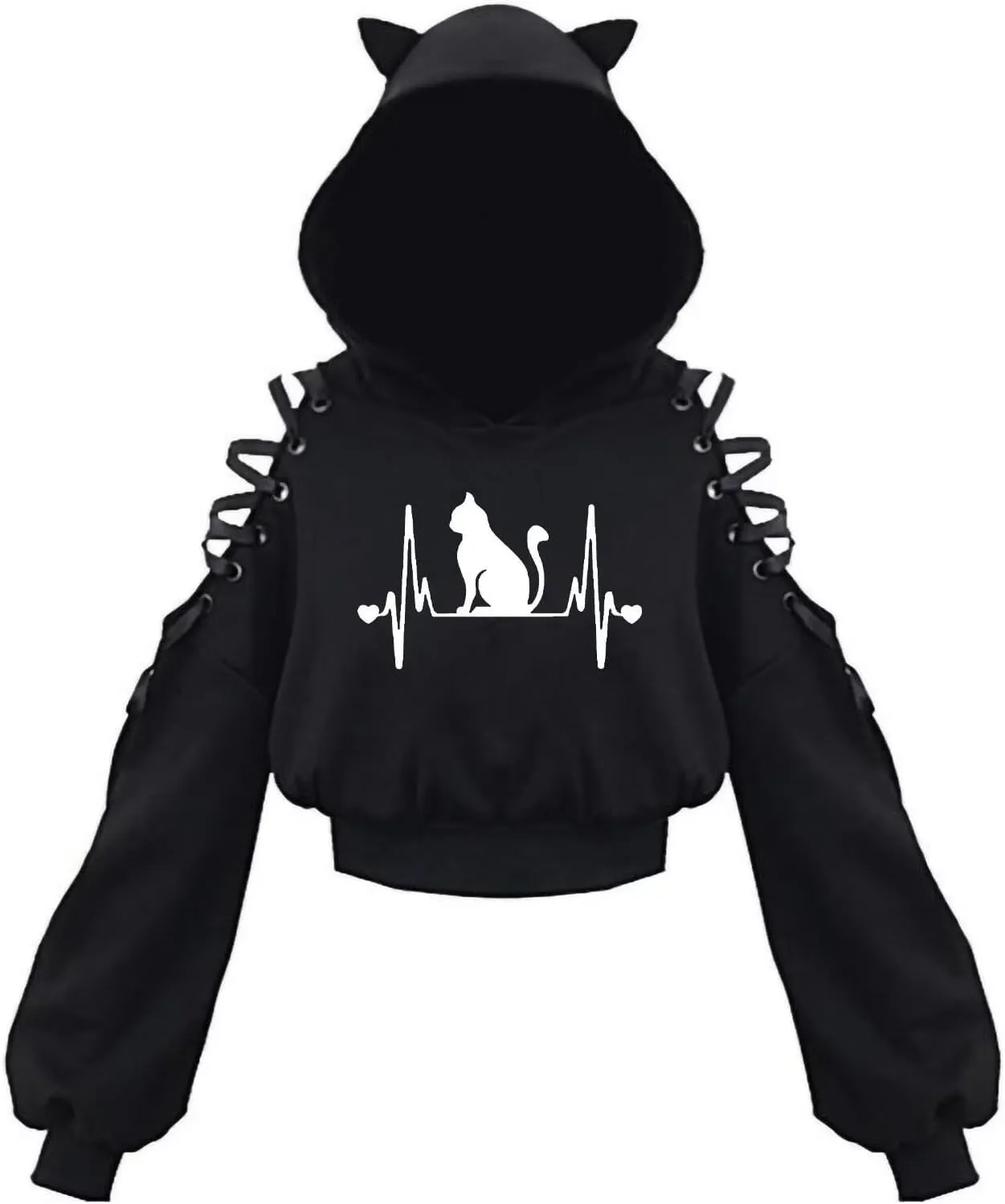 Women's Cat Ear Hoodie Pullover Long Sleeve Off Shoulder Cute Crop Top Hoodies Sweatshirt