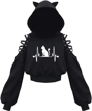 Women's Cat Ear Hoodie Pullover Long Sleeve Off Shoulder Cute Crop Top Hoodies Sweatshirt