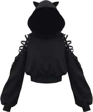 Womens Cat Ear Hoodie Sweatshirt Long Sleeve Sweater Off Shoulder Cat Cute Crop Top Hoodies Pullover
